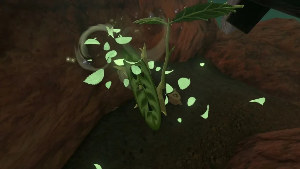 Korok's leaf sprouting beside clay pots on rocky Eldin ground Korok's leaf sprouting beside clay pots on rocky Eldin ground