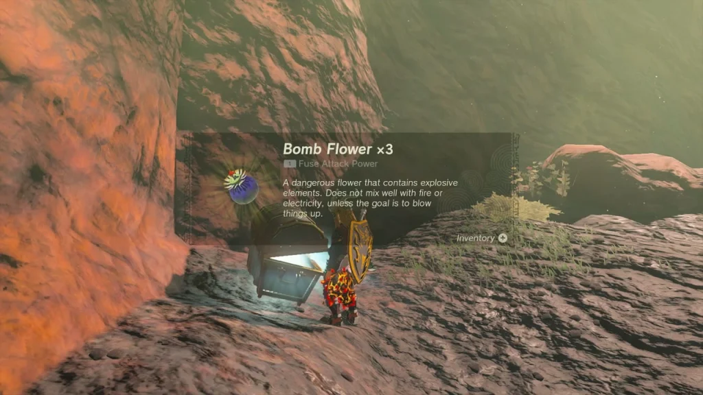 Bomb Flower x3 item box above an opened chest in a red rock wall Bomb Flower x3 item box above an opened chest in a red rock wall