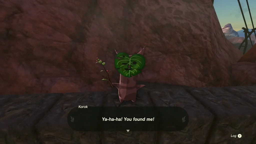 Korok holding its leaf mask in front of a cliff wall Korok holding its leaf mask in front of a cliff wall
