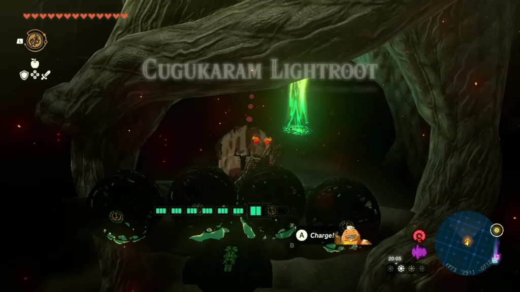 Rooted cavern entrance beside a platform car with green rune lights Rooted cavern entrance beside a platform car with green rune lights