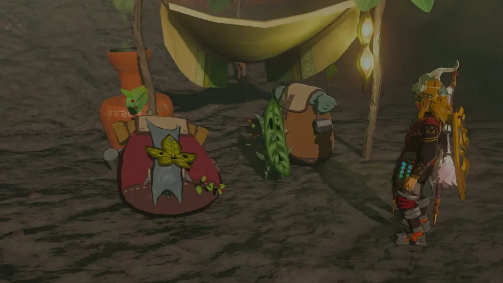Two Koroks beside a leaf hut and a clay pot holding a seed Two Koroks beside a leaf hut and a clay pot holding a seed