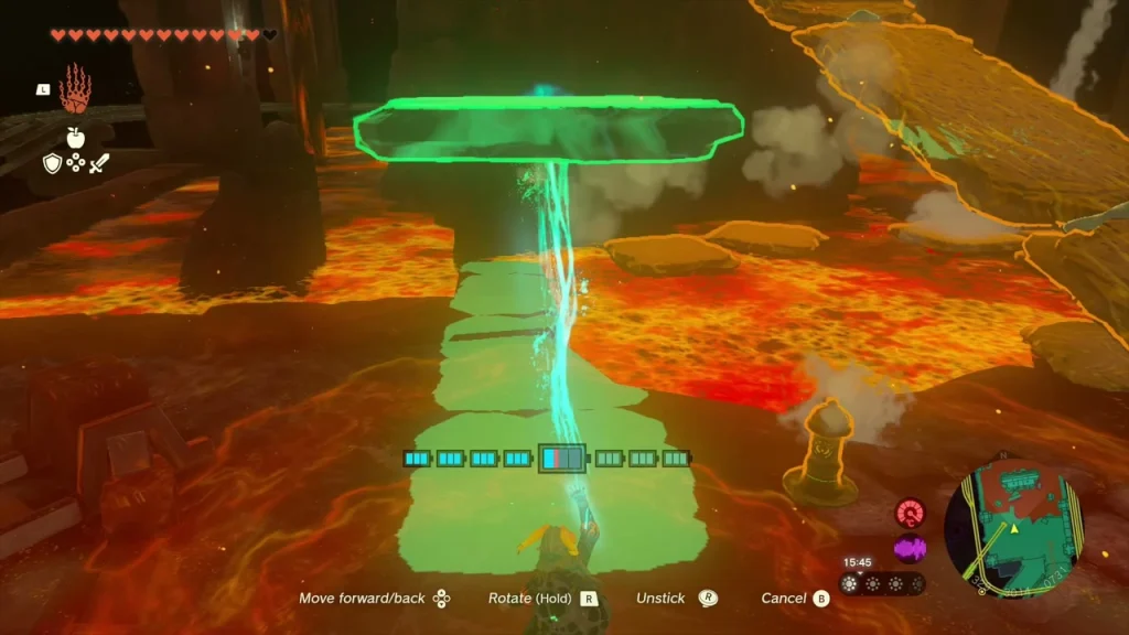 Green bridge extended over lava with a stone pillar rising Green bridge extended over lava with a stone pillar rising
