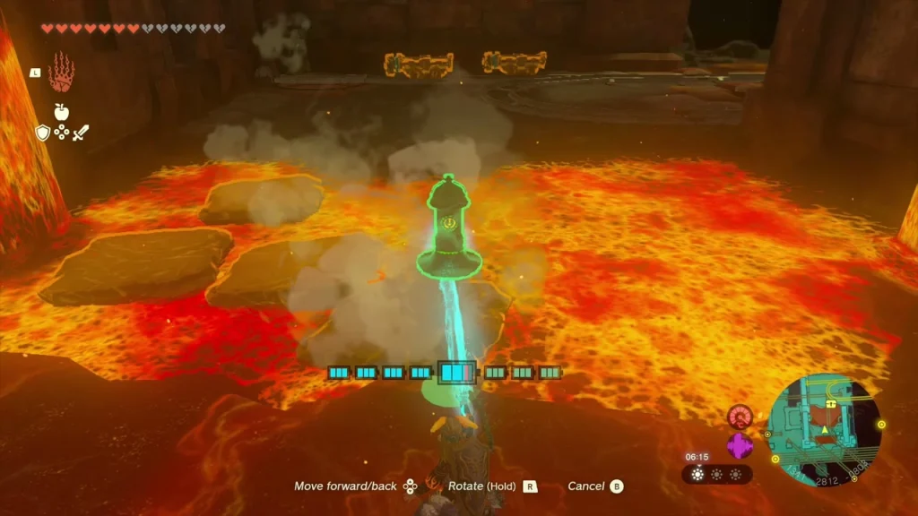Zonai platform crossing a bright lava pool in the Fire Temple Zonai platform crossing a bright lava pool in the Fire Temple