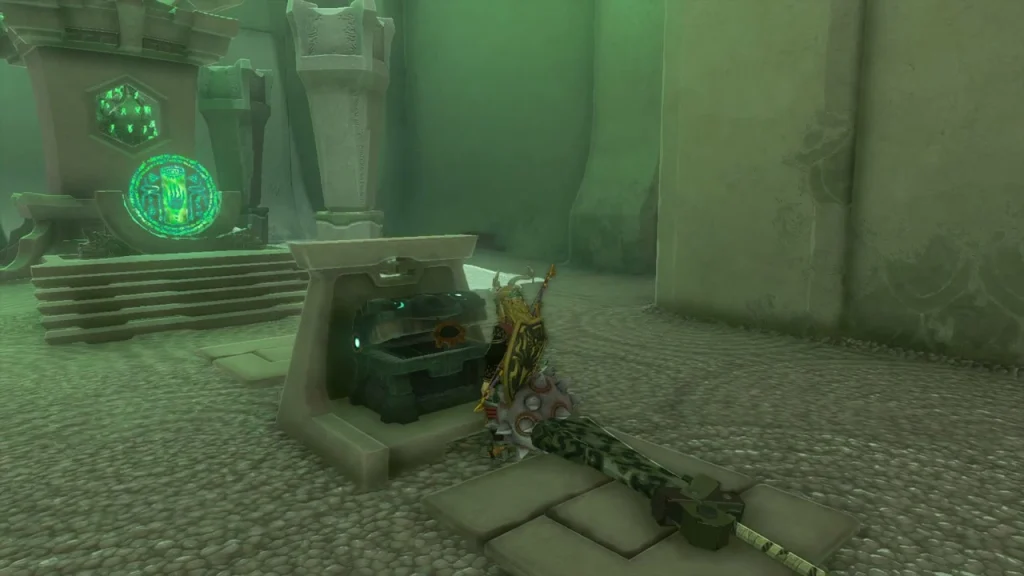 Empty chest beside the shrine's glowing altar Empty chest beside the shrine's glowing altar