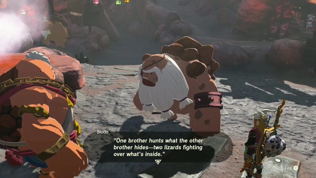 Bludo beside a Goron speaking a riddle about two lizards Bludo beside a Goron speaking a riddle about two lizards