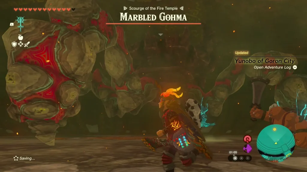 Marbled Gohma boss bar above a rocky red giant in a dark arena Marbled Gohma boss bar above a rocky red giant in a dark arena