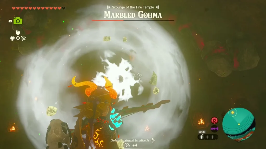 Burst of white dust beside the Marbled Gohma at its weak point Burst of white dust beside the Marbled Gohma at its weak point