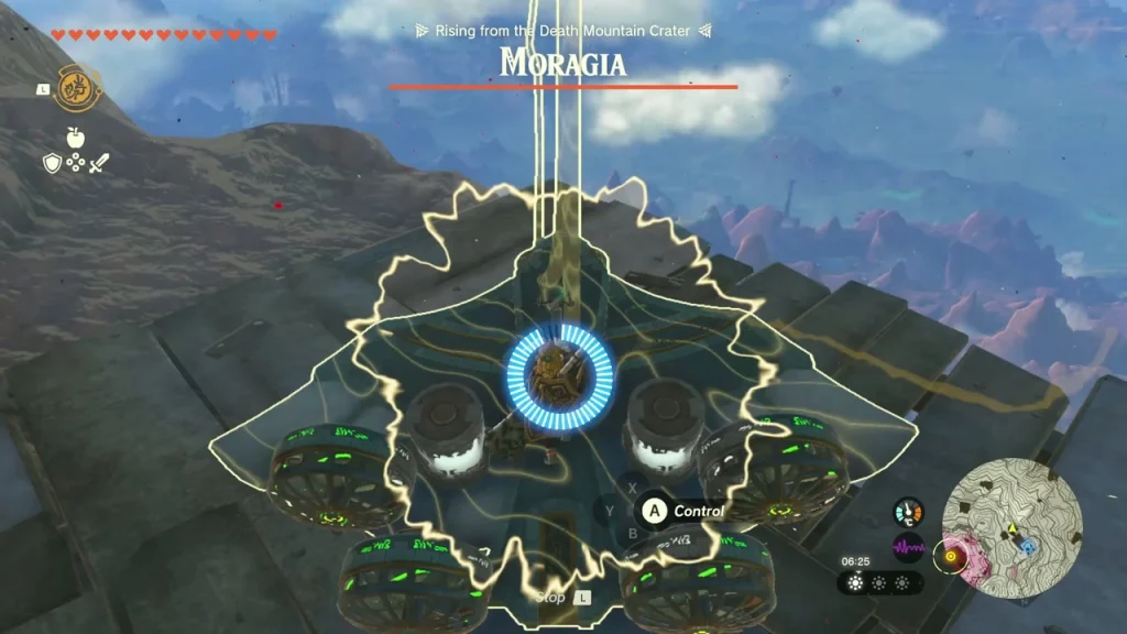 Moragia boss bar over a large flying Zonai machine above the crater Moragia boss bar over a large flying Zonai machine above the crater