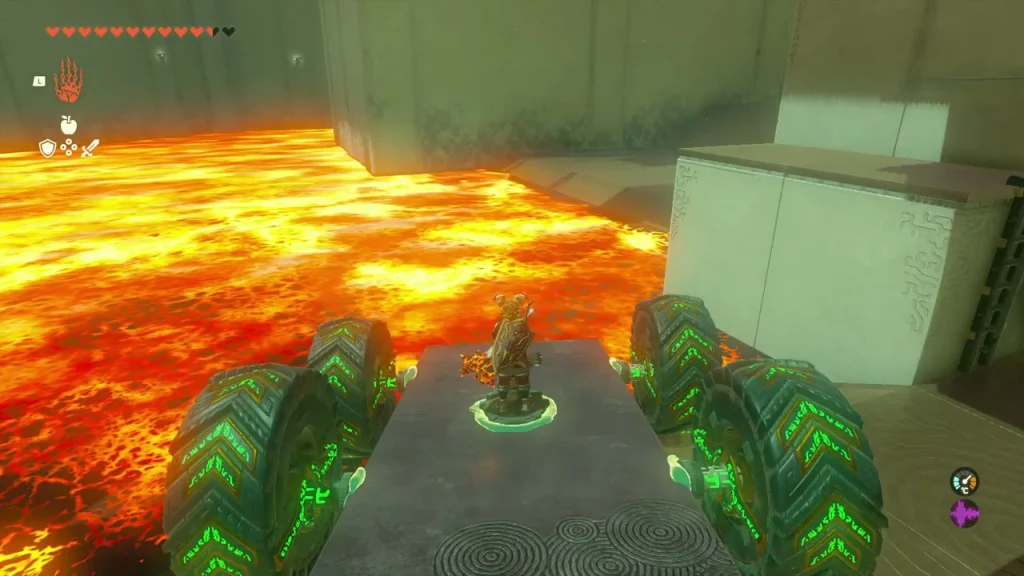 Wheeled car crossing a lava lake in a stone chamber Wheeled car crossing a lava lake in a stone chamber