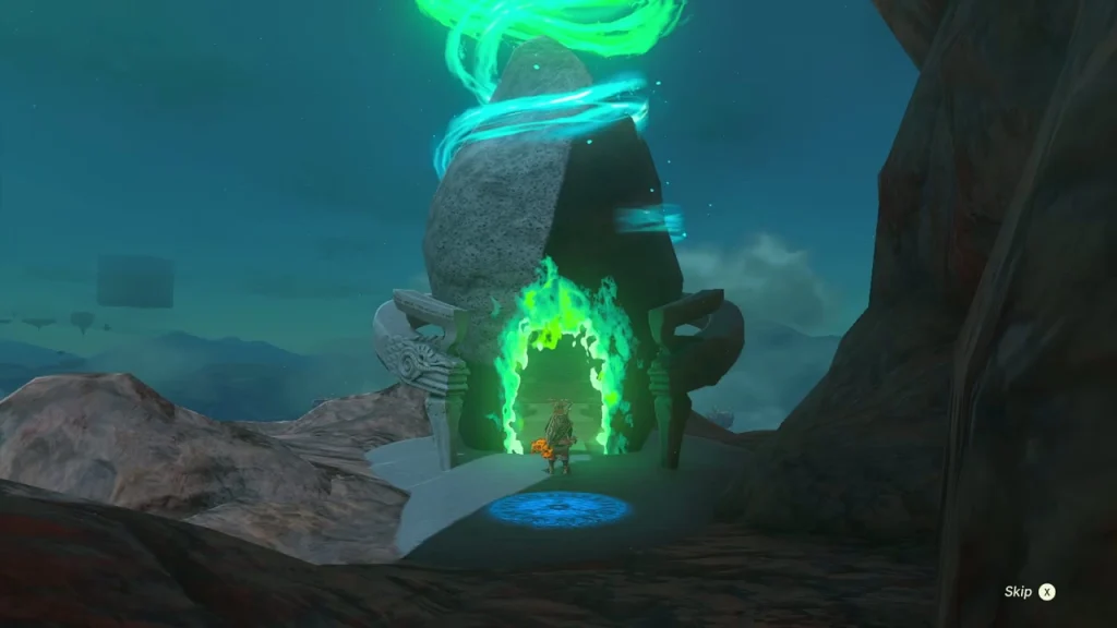 Glowing green door at the entrance to Sitsum Shrine on a Death Mountain sky platform Glowing green door at the entrance to Sitsum Shrine on a Death Mountain sky platform