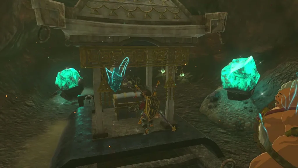 Small wooden shrine-like alcove with a chest between glowing blue crystals Small wooden shrine-like alcove with a chest between glowing blue crystals