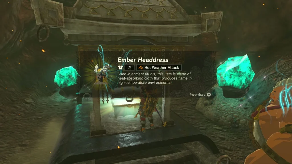 Ember Headdress item box in front of the crystal-lit alcove Ember Headdress item box in front of the crystal-lit alcove