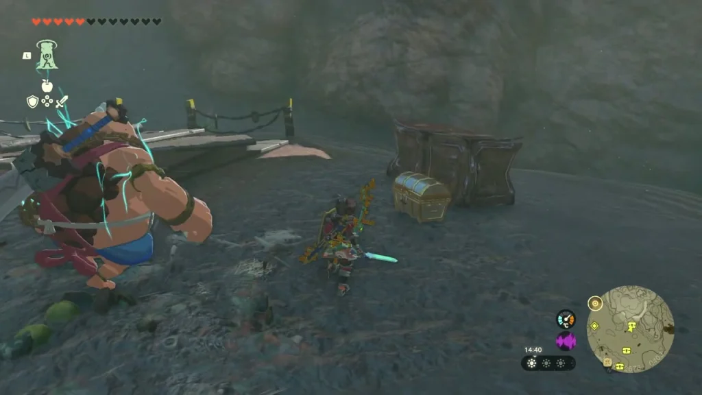 Treasure chest on a ledge guarded by a Moblin in a canyon Treasure chest on a ledge guarded by a Moblin in a canyon
