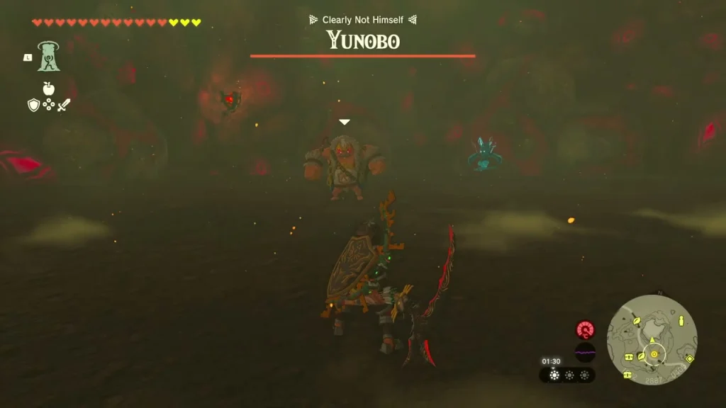 Yunobo boss health bar over a dark mine arena as a marbled-rock-crazed Goron fights Yunobo boss health bar over a dark mine arena as a marbled-rock-crazed Goron fights