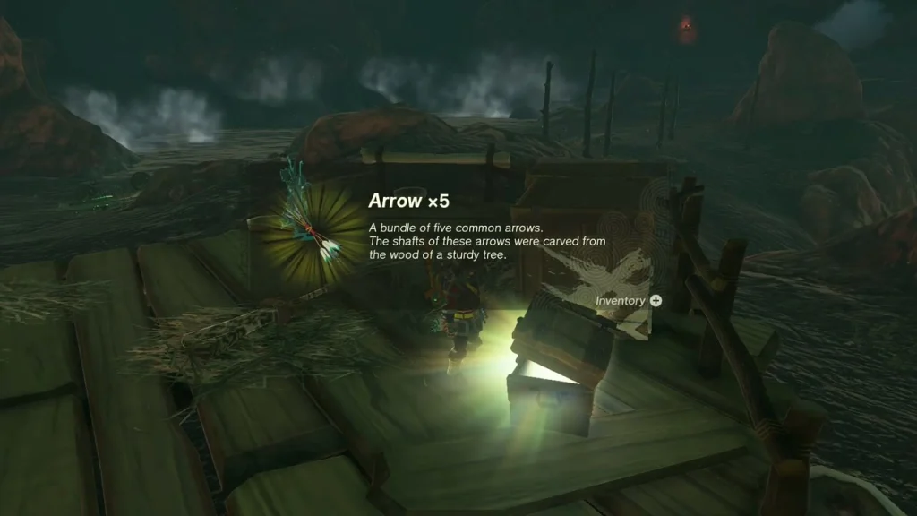Arrow x5 item box over a chest on a wooden dock Arrow x5 item box over a chest on a wooden dock