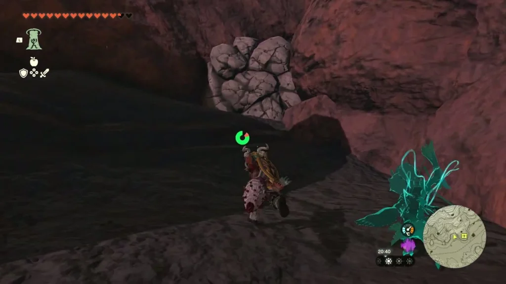 Cracked pale boulder and glowing Brightbloom plant in a dark red-rock cave Cracked pale boulder and glowing Brightbloom plant in a dark red-rock cave