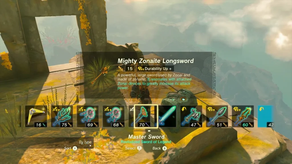 Mighty Zonaite Longsword item box over the open ruin chest Mighty Zonaite Longsword item box over the open ruin chest
