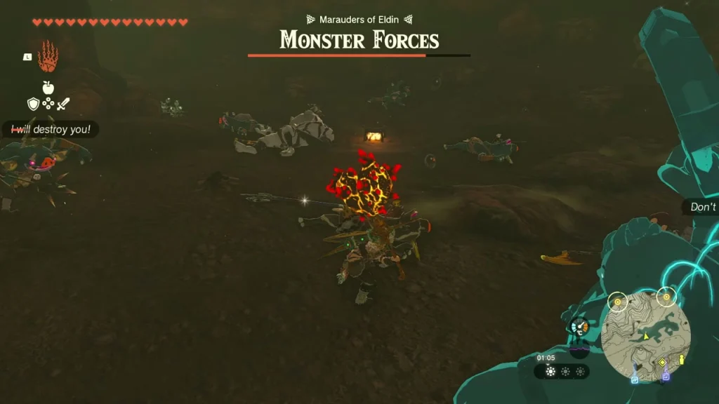 Marauders of Eldin camp with Bokoblins on a lava-lit slope Marauders of Eldin camp with Bokoblins on a lava-lit slope