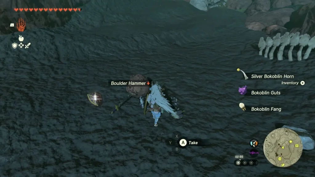 Silver Bokoblin Horn and Bokoblin Guts drops on a dark slope Silver Bokoblin Horn and Bokoblin Guts drops on a dark slope