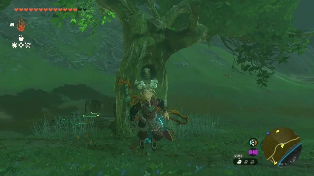 Korok peeking out of a hollow in a large tree trunk beside the road Korok peeking out of a hollow in a large tree trunk beside the road
