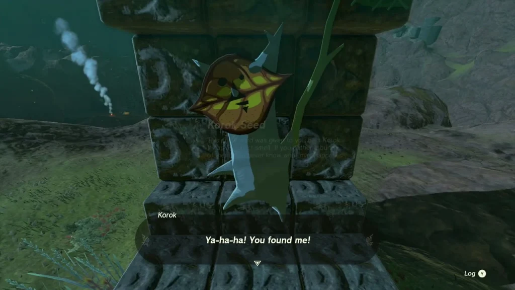 Korok behind a carved stone block on a ridge, revealed after the cube puzzle Korok behind a carved stone block on a ridge, revealed after the cube puzzle