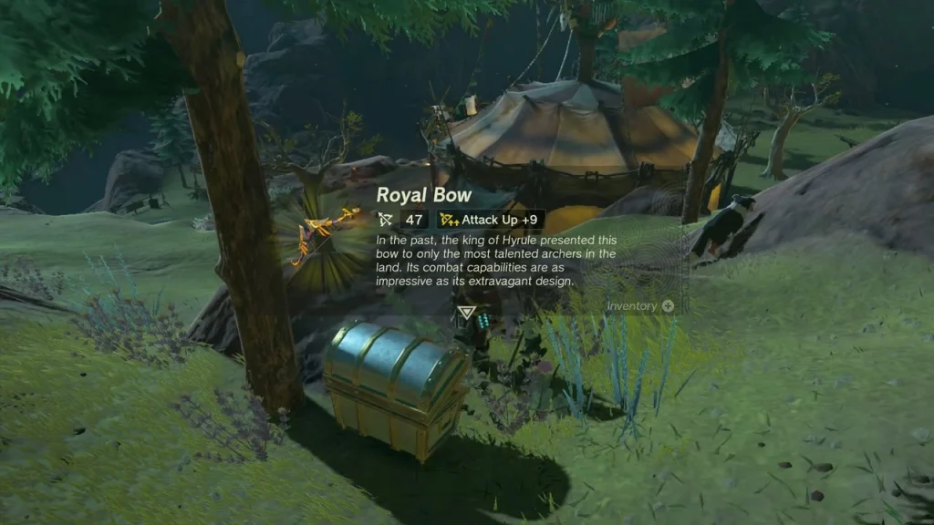Royal Bow item box above a chest beside a pine tree and a lit tent Royal Bow item box above a chest beside a pine tree and a lit tent