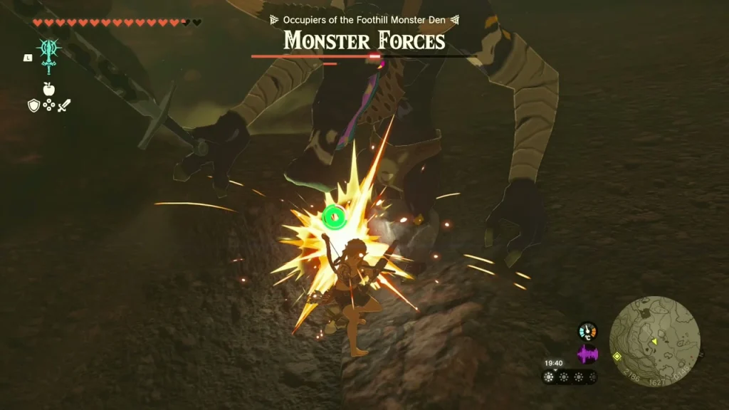 Monster Forces health bar in the dark Foothill Monster Den with a club-wielding monster lunging Monster Forces health bar in the dark Foothill Monster Den with a club-wielding monster lunging