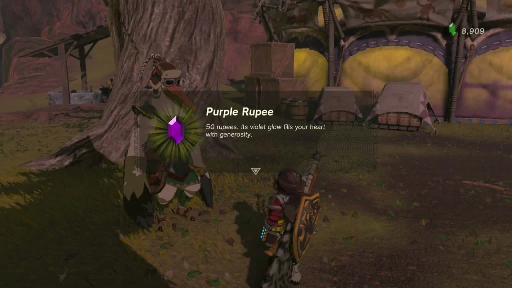 Purple Rupee item box in front of the Zonai Survey Team's tents beside a tree Purple Rupee item box in front of the Zonai Survey Team's tents beside a tree