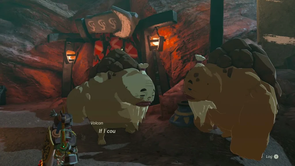 Volcon and Tray, two elderly Gorons, standing in front of the Goron City inn Volcon and Tray, two elderly Gorons, standing in front of the Goron City inn