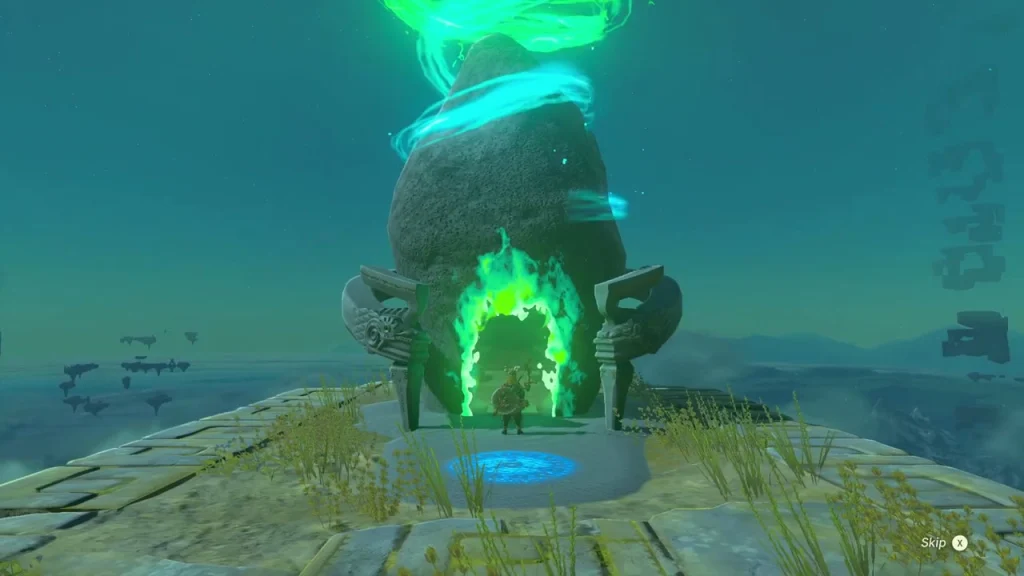Kadaunar Shrine's glowing green doorway on its sky island with the blue travel pad at its base Kadaunar Shrine's glowing green doorway on its sky island with the blue travel pad at its base