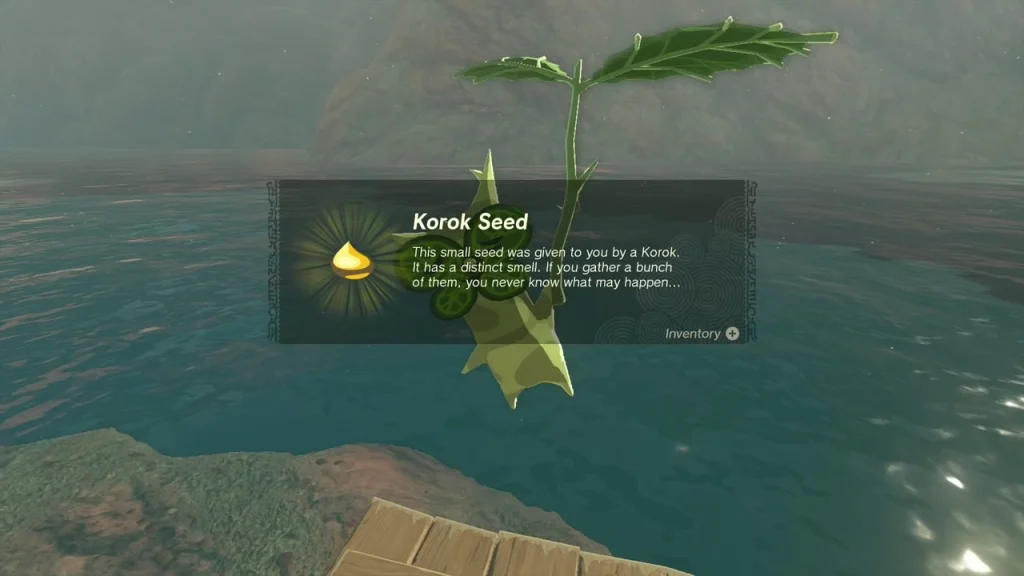 Korok Seed item box above the water of Lake Cephla with the raft at the bottom corner Korok Seed item box above the water of Lake Cephla with the raft at the bottom corner
