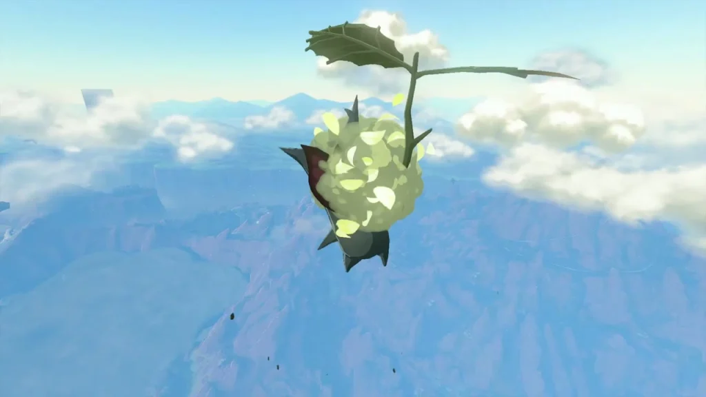 Korok hanging from a leaf balloon in the sky above Eldin Canyon Korok hanging from a leaf balloon in the sky above Eldin Canyon