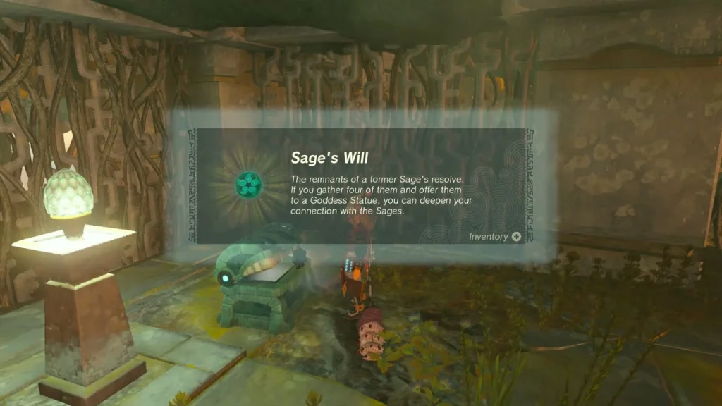Sage's Will item box beside a lit pedestal lamp and chest in a wooden sky ruin Sage's Will item box beside a lit pedestal lamp and chest in a wooden sky ruin