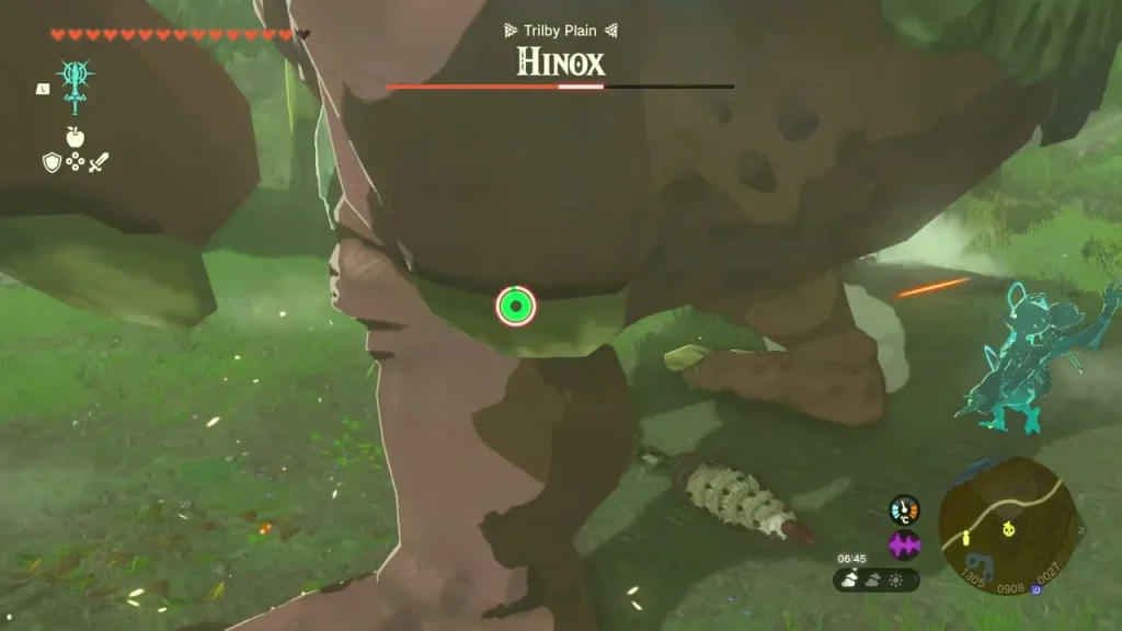 Hinox health bar over the huge foot of a Hinox in the Trilby Plain woods Hinox health bar over the huge foot of a Hinox in the Trilby Plain woods