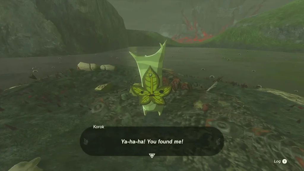 Korok on a grassy mound next to a collapsed wooden bridge Korok on a grassy mound next to a collapsed wooden bridge