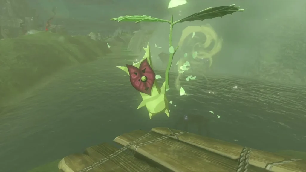 Korok leaf spinner above a wooden raft on a murky pool Korok leaf spinner above a wooden raft on a murky pool