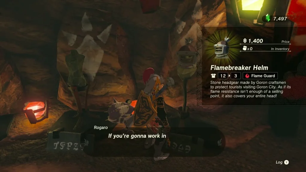 Flamebreaker Helm in the Goron City armor shop with price 1,400 Flamebreaker Helm in the Goron City armor shop with price 1,400