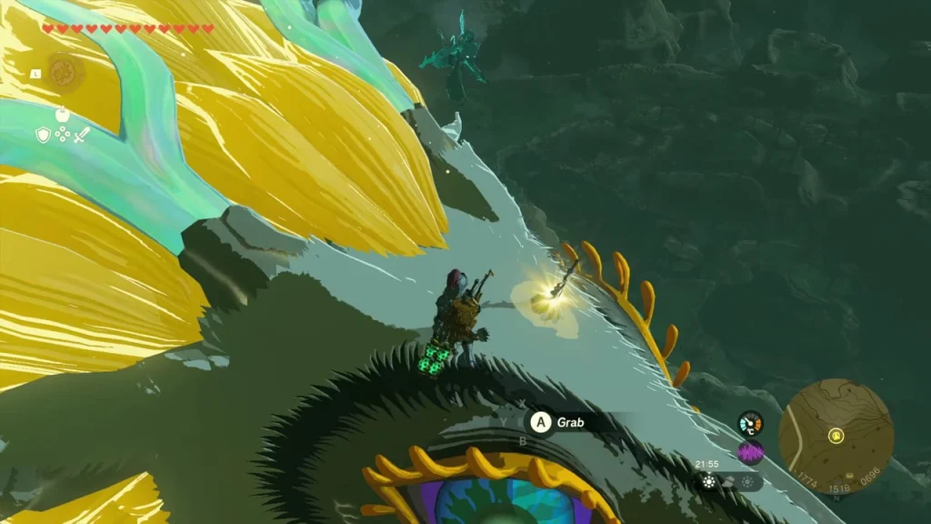 Standing on the Light Dragon's head with a grab prompt beside its horns Standing on the Light Dragon's head with a grab prompt beside its horns