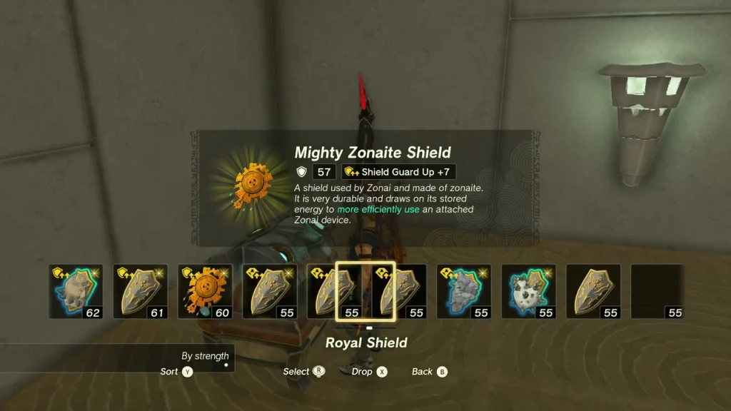 Mighty Zonaite Shield item box over the Timawak Shrine chest Mighty Zonaite Shield item box over the Timawak Shrine chest
