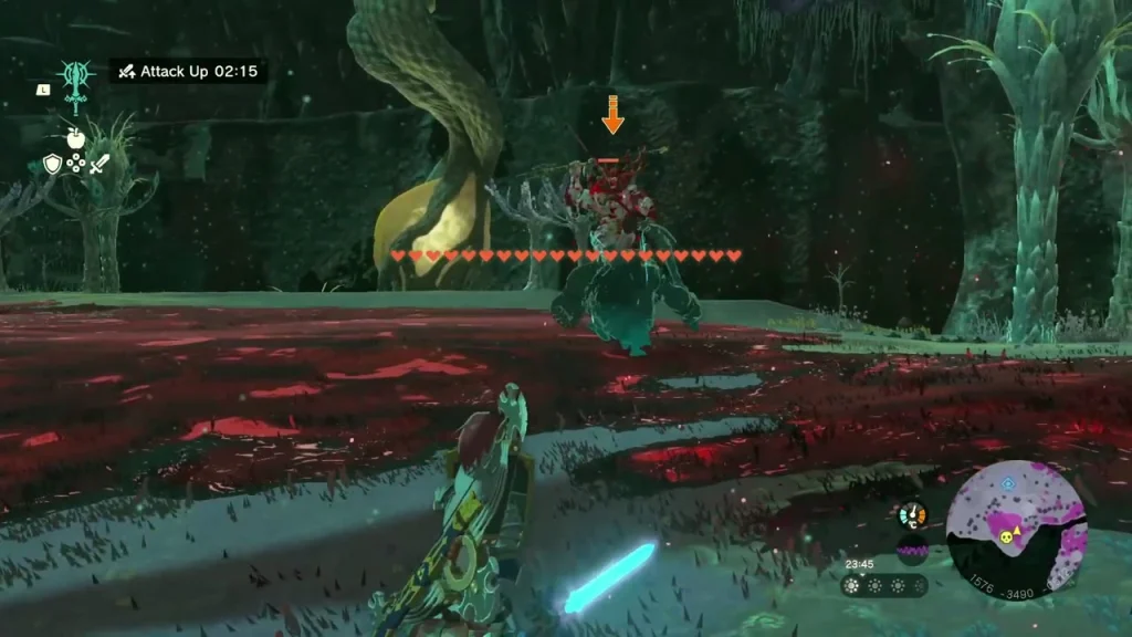Armored Silver-maned Lynel facing off in a pool of red gloom Armored Silver-maned Lynel facing off in a pool of red gloom