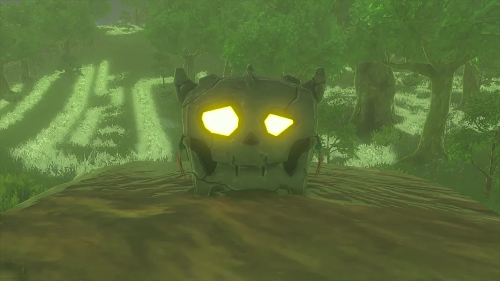 Battle Talus with glowing eyes among trees below a ridge Battle Talus with glowing eyes among trees below a ridge