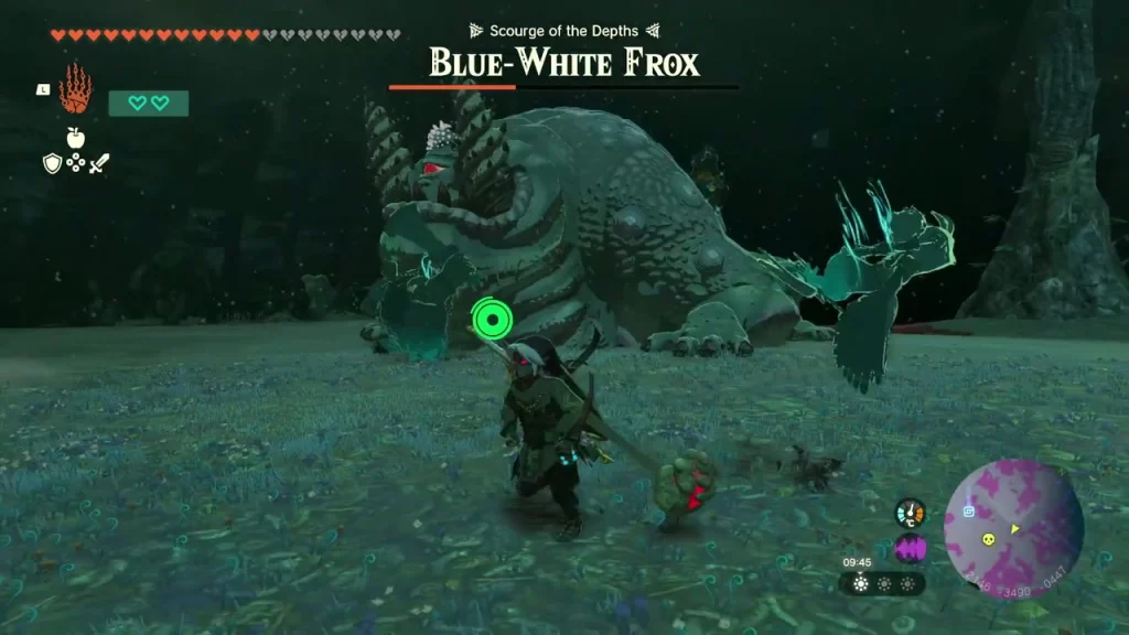 Blue-White Frox crawling across the Depths floor with its health bar Blue-White Frox crawling across the Depths floor with its health bar