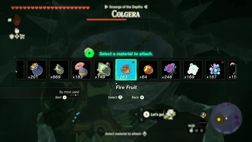 Fire Fruit being fused to a weapon during the Colgera fight Fire Fruit being fused to a weapon during the Colgera fight