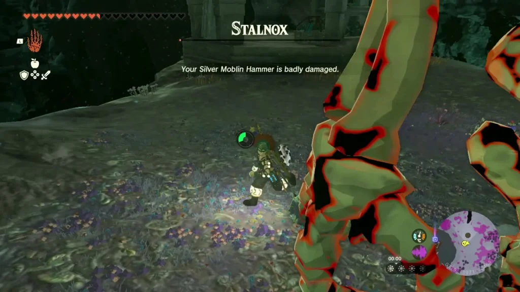 Stalnox limb looming over the dark Depths floor with its health bar showing Stalnox limb looming over the dark Depths floor with its health bar showing
