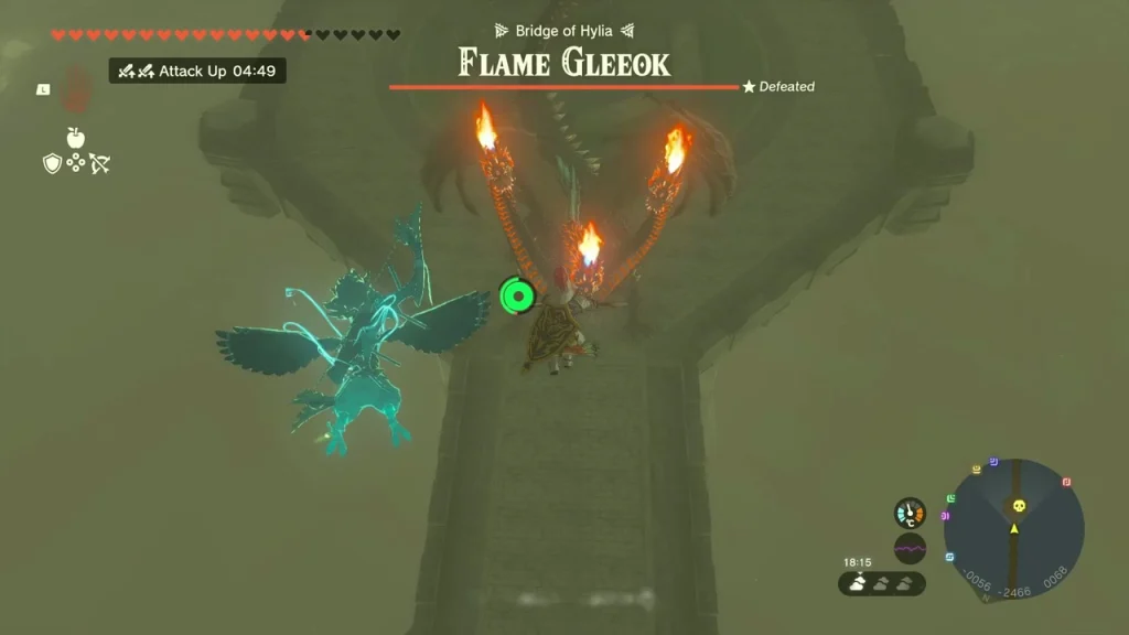 Flame Gleeok circling the Bridge of Hylia with its three flaming heads raised Flame Gleeok circling the Bridge of Hylia with its three flaming heads raised