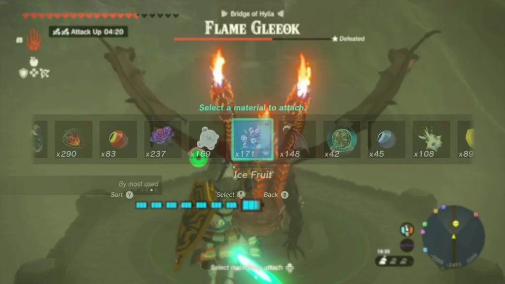 Ice Fruit being attached to a weapon while the Flame Gleeok hangs in the air Ice Fruit being attached to a weapon while the Flame Gleeok hangs in the air
