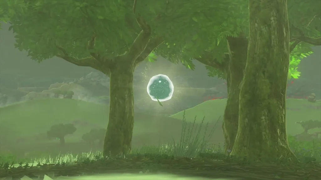 Glowing Dragon's Tear orb hanging between two trees on the lake shore Glowing Dragon's Tear orb hanging between two trees on the lake shore