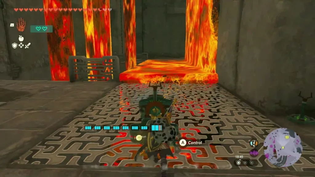 Lava-lit maze floor and open gate inside the Left-Arm Depot Lava-lit maze floor and open gate inside the Left-Arm Depot