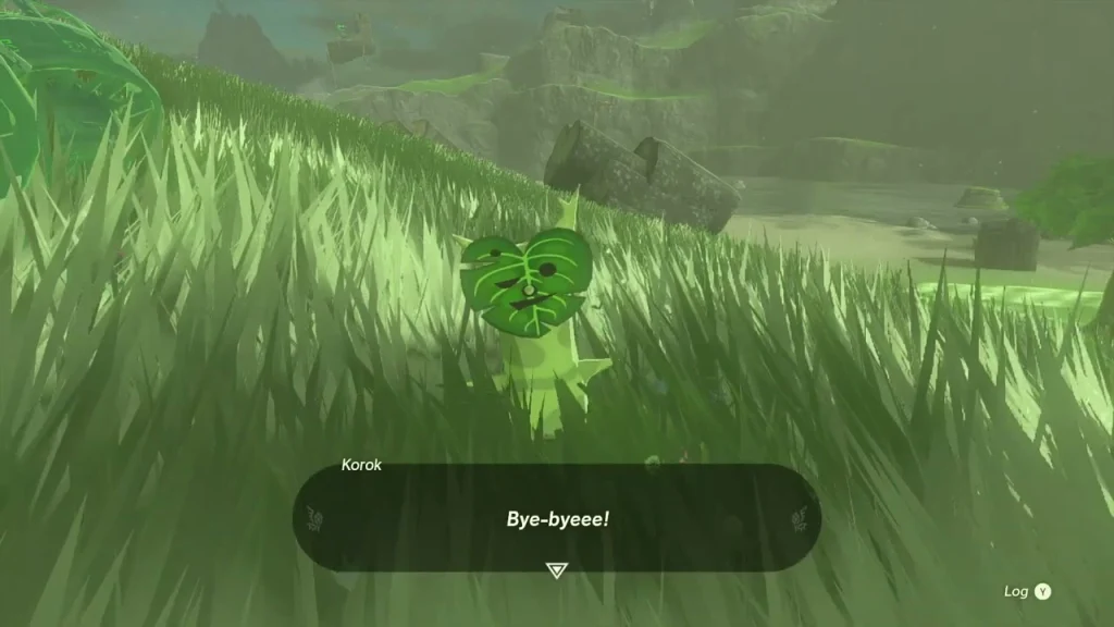 Korok peeking out of tall meadow grass where the rock was lifted Korok peeking out of tall meadow grass where the rock was lifted