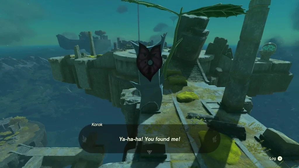 Korok greeting from a leaf beside floating ruins at the end of the paraglider course Korok greeting from a leaf beside floating ruins at the end of the paraglider course